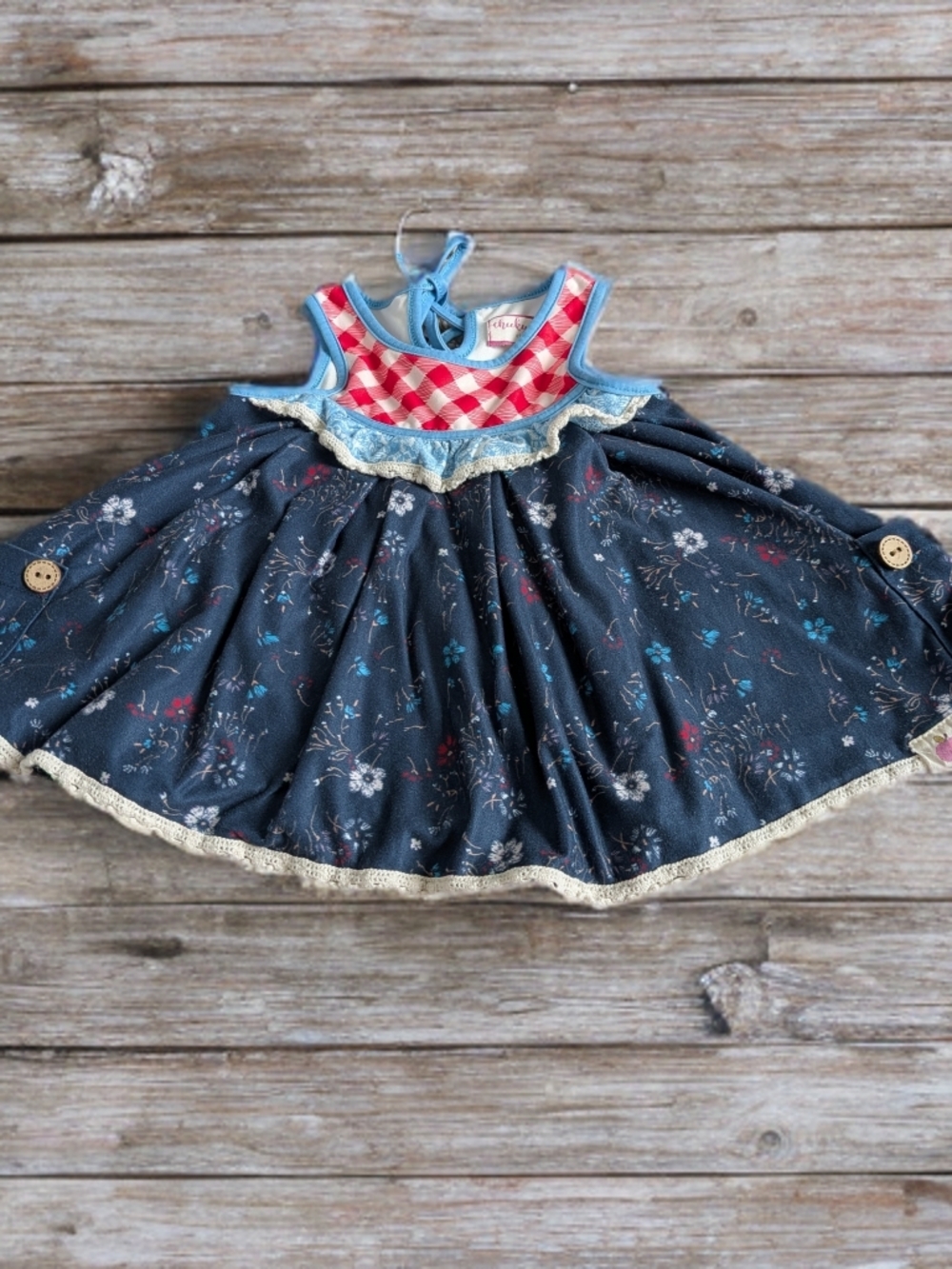 cheeky plum Navy Floral Dress with Red Gingham Yoke
